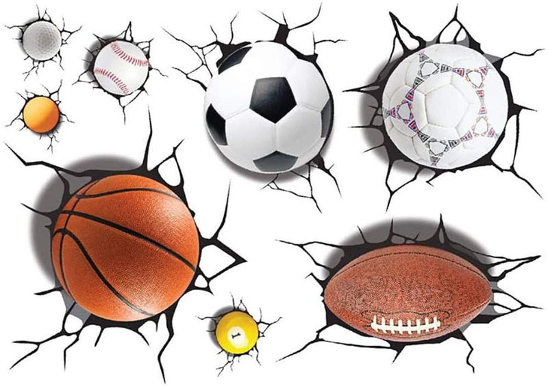 Supzone Sport Balls 3D Wall Stickers Break Through DIY Basketball, Rugby, Baseball, Football Wall Decor Boys Playroom, Bedroom, Classroom, Living Room - Image 1